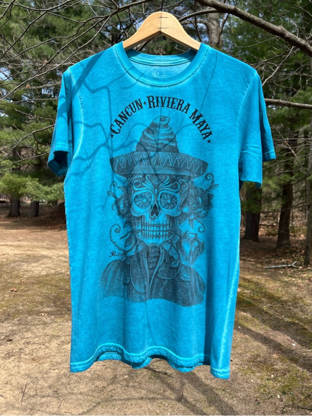 Y2K Pier 27 Sugar Skull Cancun Riviera Maya Mexico Burnout T-Shirt Blue Size L
